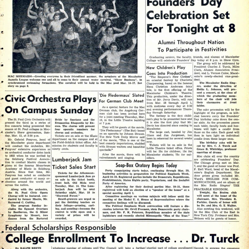 Photo of Mac Mermaids, articles include: increase in college enrollment, Founders' Day celebration, Civic orchestra to perform on campus, and more